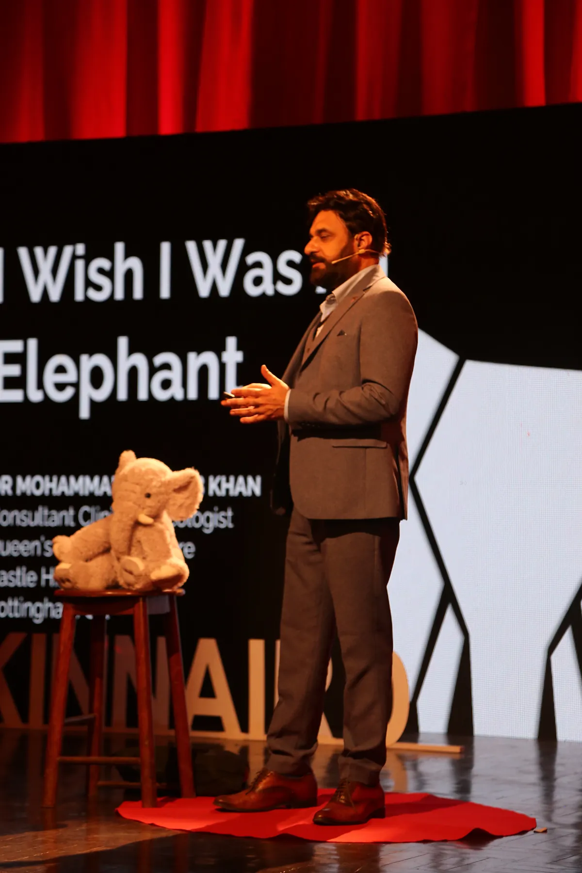 Dr Mohammad Muneeb Khan beside the stage backdrop for his TEDx talk, I Wish I Was An Elephant.